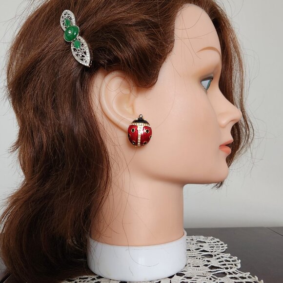MULTILANA SIGNED VINTAGE LADY BUGS ENAMEL CLIP EAR RINGS WITH CLEAR RHINESTONES - Picture 3 of 8